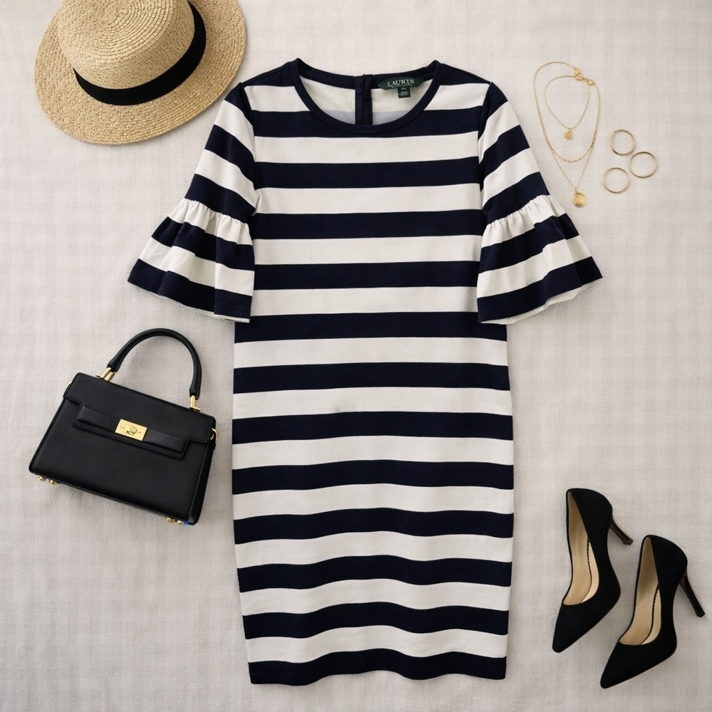 Lauren Ralph Lauren Navy Blue White Stripe Stretchy 1/2 Sleeve Shift Dress. PMED